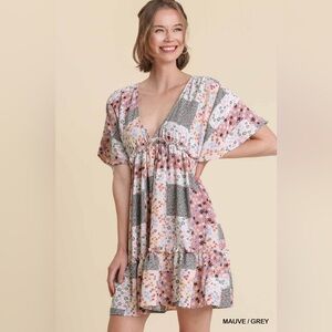 Umgee Mauve & Grey Floral Patchwork Mini Dress